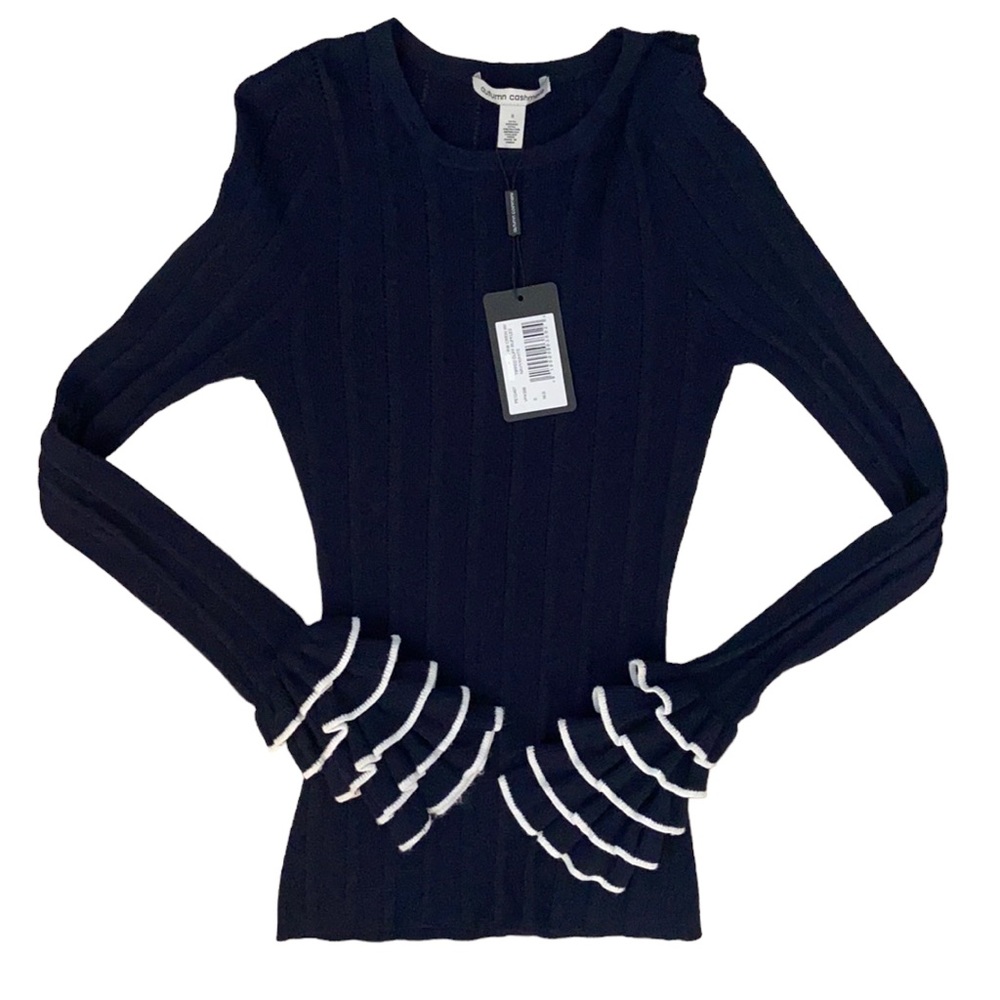 NWT Autumn Cashmere Women's Rib Crew with Tipped Cuff Ruffles Navy/White Small